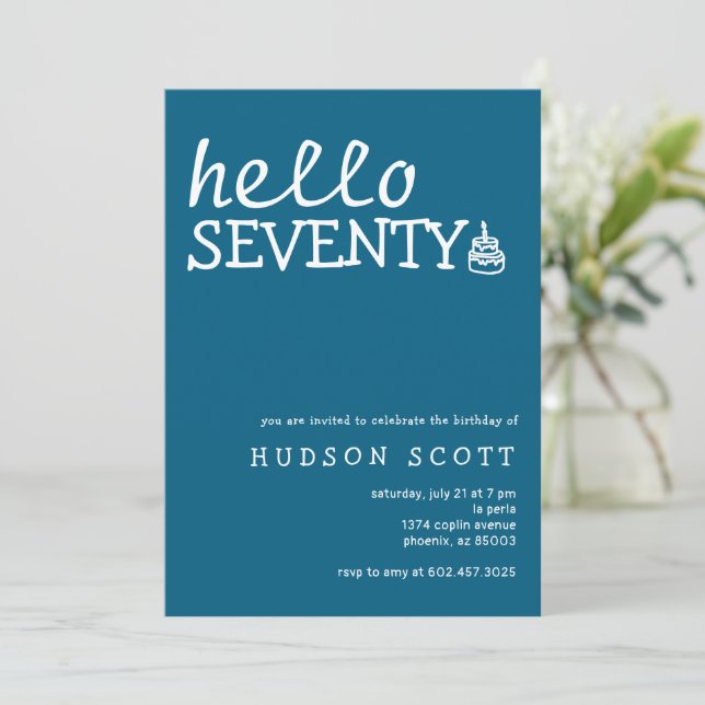 70th Birthday Party Mens Hello Seventy Blue Invitation (Standing Front)