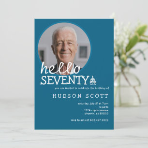 70th Birthday Party Mens Photo Hello Seventy Blue Invitation
