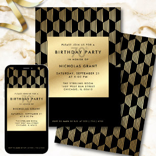 70th Birthday Party Modern Black and Gold Foil Invitation