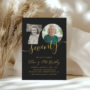 70th Birthday Party Modern Black Gold 2 Photo Invitation