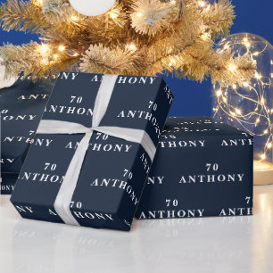 70th Birthday Party Name Navy Blue Modern Pattern Wrapping Paper