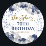 70th Birthday Party Navy Balloons Classic Round Sticker<br><div class="desc">A gorgeous 70th birthday party or celebration gift sticker. This fabulous navy blue and silver balloons design is the perfect sticker to decorate favours for a 70th celebration or seventieth party.</div>