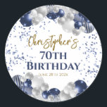 70th Birthday Party Navy Balloons Classic Round Sticker<br><div class="desc">A gorgeous 70th birthday party or celebration gift sticker. This fabulous navy blue and silver balloons design is the perfect sticker to decorate favours for a 70th celebration or seventieth party.</div>
