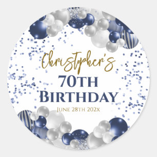 70th Birthday Party Navy Balloons Classic Round Sticker