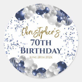 70th Birthday Party Navy Balloons Classic Round Sticker