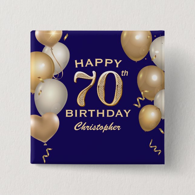 70th Birthday Party Navy Blue and Gold Balloons 15 Cm Square Badge (Front)