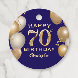 70th Birthday Party Navy Blue and Gold Balloons Favour Tags