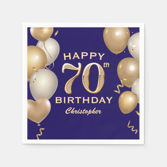 70th Birthday Party Navy Blue and Gold Balloons Napkin (Front)
