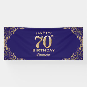 70th Birthday Party Navy Blue and Gold Glitter Banner