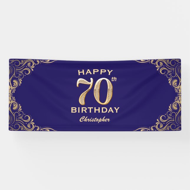 70th Birthday Party Navy Blue and Gold Glitter Banner (Horizontal)