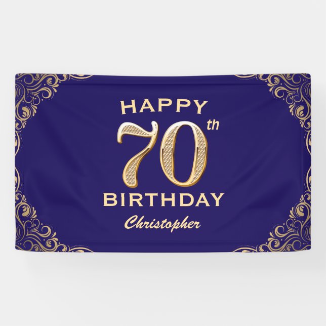 70th Birthday Party Navy Blue and Gold Glitter Banner (Horizontal)