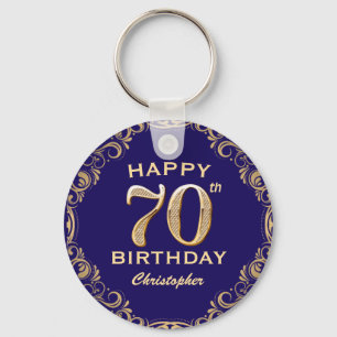70th Birthday Party Navy Blue and Gold Glitter Key Ring