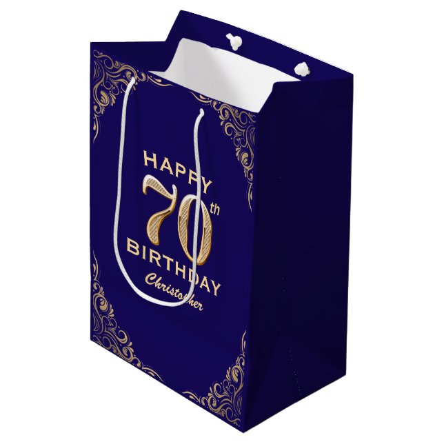 70th Birthday Party Navy Blue and Gold Glitter Medium Gift Bag (Front Angled)