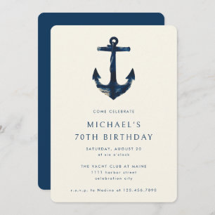 70th Birthday Party Navy Blue Nautical Anchor Invitation