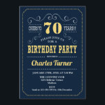 70th Birthday Party - Navy Gold Invitation<br><div class="desc">70th Birthday Party Invitation.
Elegant navy blue,  gold and white retro design with script font. Cheers to 70 years! Message me if you need further customization.</div>