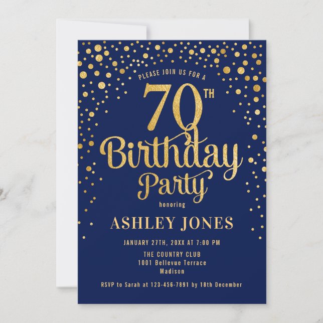 70th Birthday Party - Navy & Gold Invitation (Front)