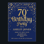 70th Birthday Party - Navy & Gold Invitation<br><div class="desc">70th Birthday Party Invitation.
Elegant design in navy blue and faux glitter gold. Features stylish script font and confetti. Message me if you need custom age.</div>
