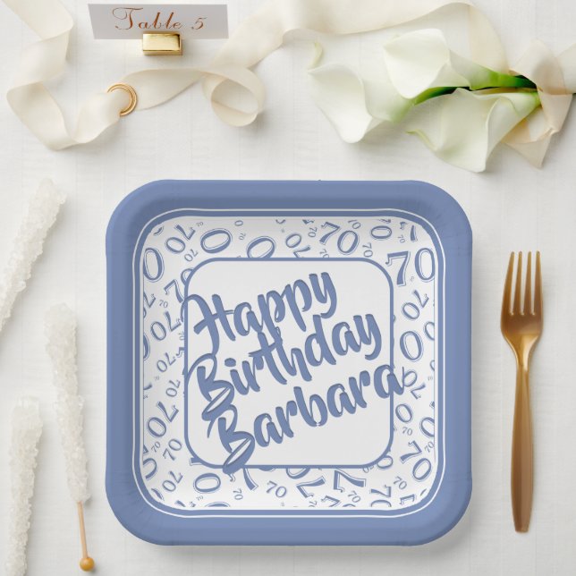 70th Birthday Party Number Pattern Blue White Paper Plate (Wedding)