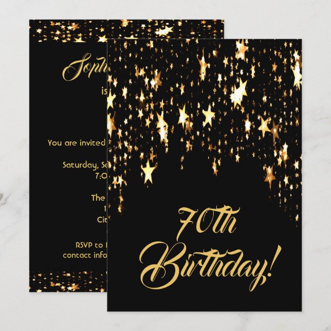 70th birthday party on black with shining stars invitation (Front/Back)