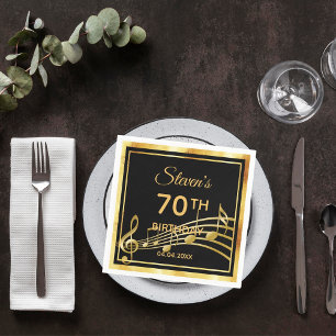 70th birthday party on classic black gold music napkin