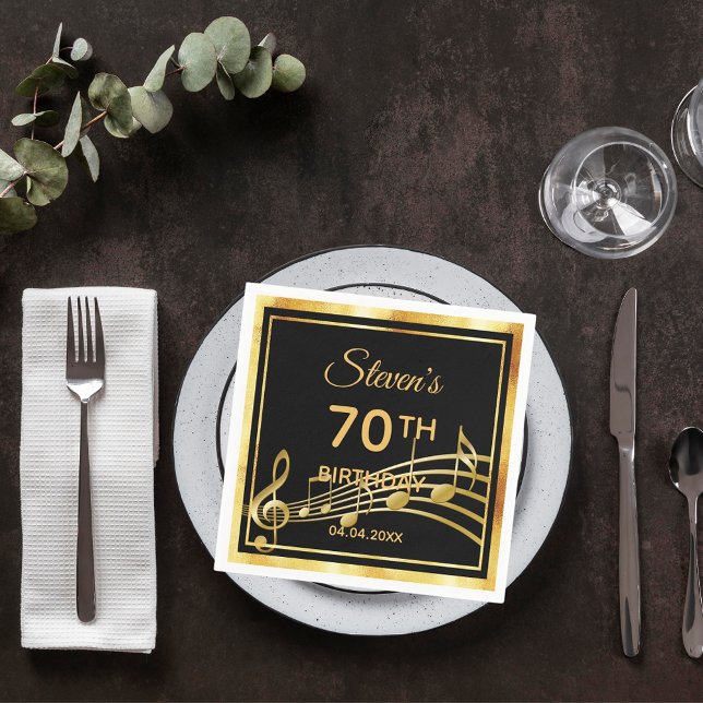 70th birthday party on classic black gold music napkin (Creator Uploaded)