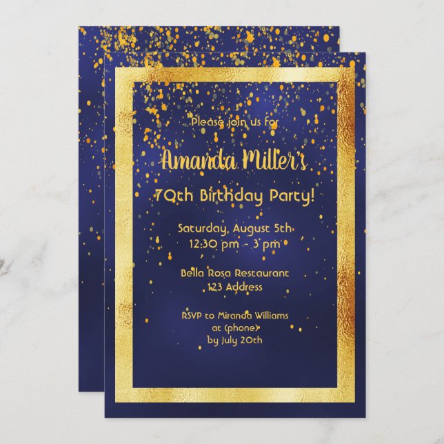 70th birthday party on midnight blue gold frame invitation (Front/Back)