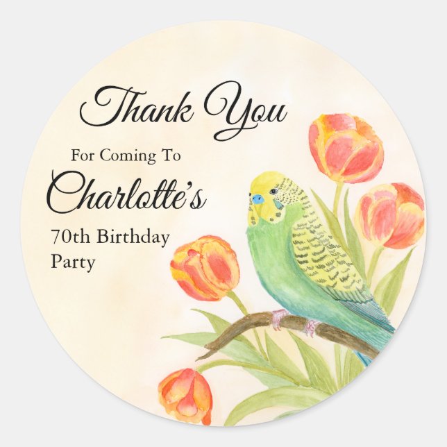 70th Birthday Party Parakeet with Tulips  Classic Round Sticker (Front)