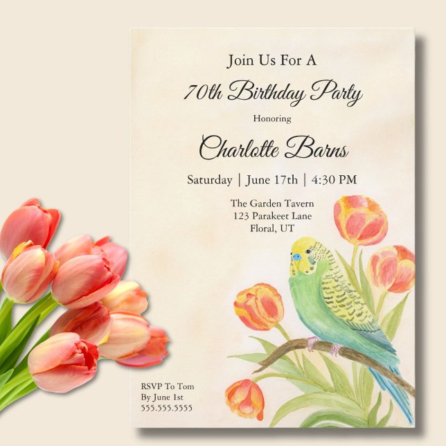 70th Birthday Party Parakeet with Tulips  Invitation (Creator Uploaded)