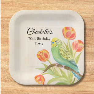 70th Birthday Party Parakeet with Tulips  Paper Plate