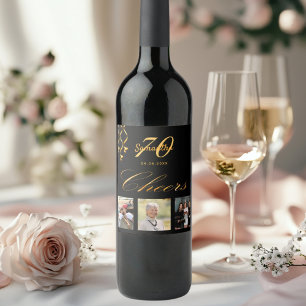 70th birthday party photo black gold cheers script wine label