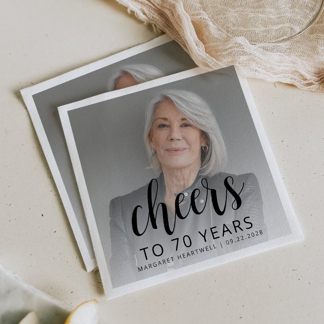 70th Birthday Party Photo Black Script Cheers Napkin (Creator Uploaded)