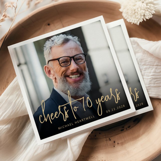 70th Birthday Party Photo Cheers Gold Script Napkin (Creator Uploaded)
