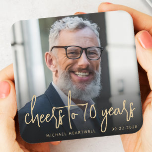 70th Birthday Party Photo Cheers Gold Script Square Paper Coaster