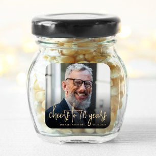 70th Birthday Party Photo Cheers Gold Script Square Sticker