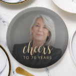 70th Birthday Party Photo Cheers Paper Plate<br><div class="desc">These custom 70th birthday paper plates feature the guest of honour's photo and birthday,  along with the word "Cheers" in elegant gold-coloured calligraphy script. A dark screen helps make the text pop. A great way to celebrate someone who's turning seventy!</div>