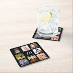 70th birthday party photo collage guy black square paper coaster<br><div class="desc">A coaster for a 70th birthday party for a guy,  celebrating his life with a collage of 8 of your own photos.  Templates for the age 70 and a date.  Date of birth or the date of the party.  White coloured letters.  Black background.</div>