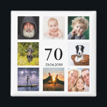 70th birthday party photo collage guy magnet<br><div class="desc">A magnet for a 70th birthday party for a guy, celebrating his life with a collage of 8 of your own photos. Templates for the age 70 and a date. Date of birth or the date of the party. Black coloured letters. White background. Perfect as a party favour, keepsake or...</div>