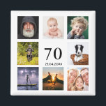 70th birthday party photo collage guy magnet<br><div class="desc">A magnet for a 70th birthday party for a guy, celebrating his life with a collage of 8 of your own photos. Templates for the age 70 and a date. Date of birth or the date of the party. Black coloured letters. White background. Perfect as a party favour, keepsake or...</div>
