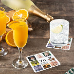 70th birthday party photo collage guy white square paper coaster<br><div class="desc">A coaster for a 70th birthday party for a guy,  celebrating his life with a collage of 8 of your own photos.  Templates for the age 70 and a date.  Date of birth or the date of the party.  Black coloured letters.  White background.</div>