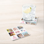 70th birthday party photo collage white square paper coaster<br><div class="desc">A party coaster for a girly 70th birthday party,  celebrating her life with a collage of 8 of your photos.  Templates for a name,  age 70 and a date.  Date of birth or the date of the party.  Coral and burgundy coloured letters.  White background.</div>