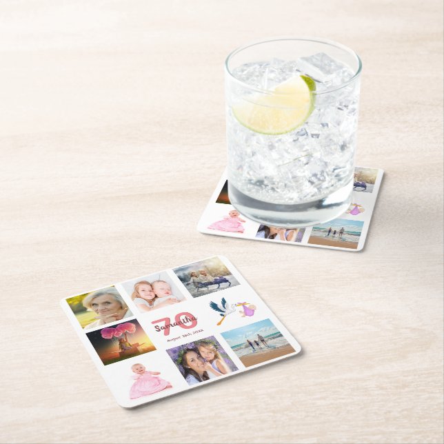 70th birthday party photo collage white square paper coaster (Insitu)