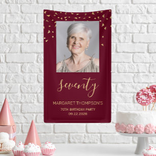 70th Birthday Party Photo Gold Confetti Burgundy Banner