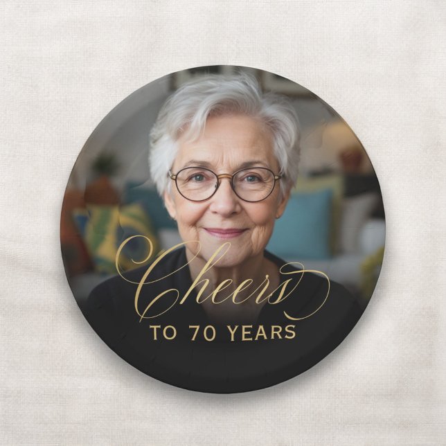70th Birthday Party Photo Gold Script Cheers  Paper Plate (Creator Uploaded)