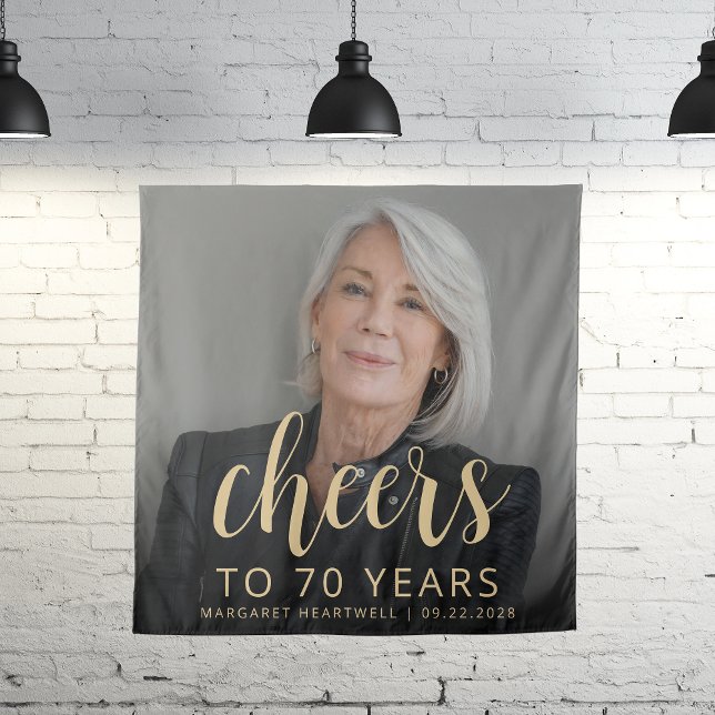 70th Birthday Party Photo Gold Script Cheers Tapestry (Creator Uploaded)