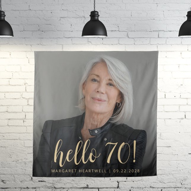 70th Birthday Party Photo Gold Script Cheers Tapestry (Creator Uploaded)