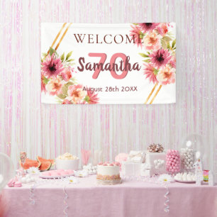 70th birthday party pink gold flowers white banner