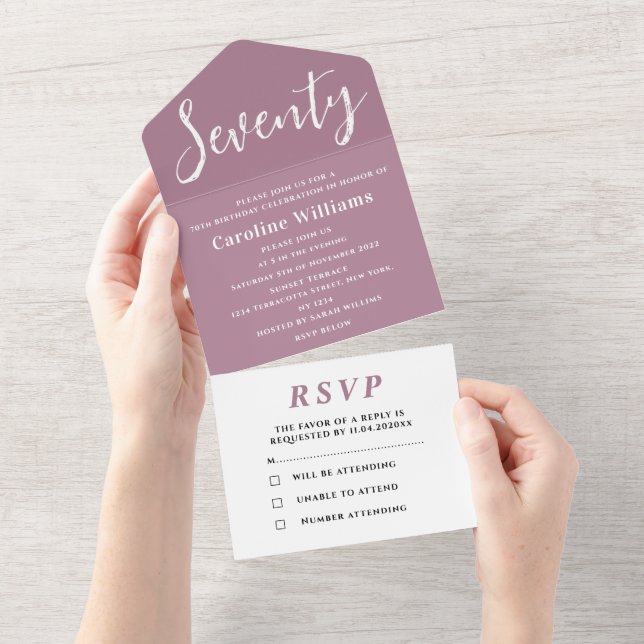 70th Birthday Party Pink Mauve Simple Modern All In One Invitation (Tearaway)
