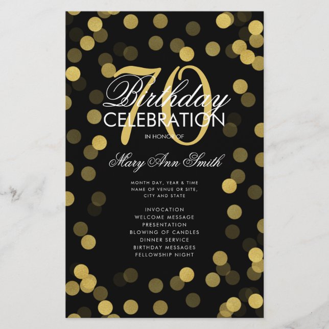 70th Birthday Party Program Gold Confetti w/ Menu (Front)