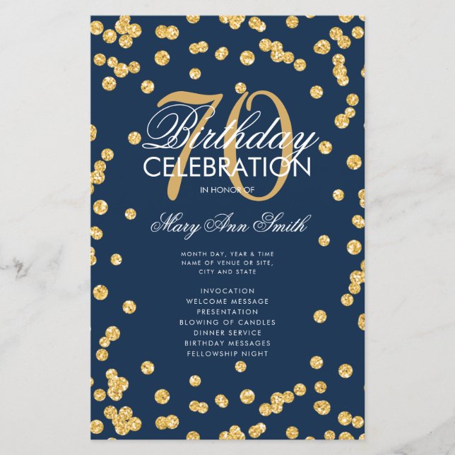 70th Birthday Party Program Gold Glitter w/ Menu (Front)