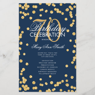 70th Birthday Party Program Gold Glitter w/ Menu